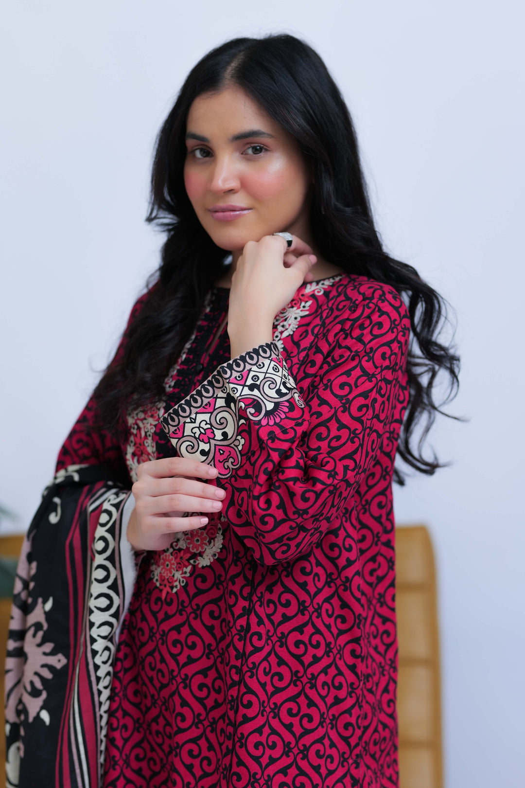 Senorita Women RTW Women Shocking Pink and Black Casual 3 Piece Suit Cotton Khaddar Printed LAD-02548 - Winter Collection