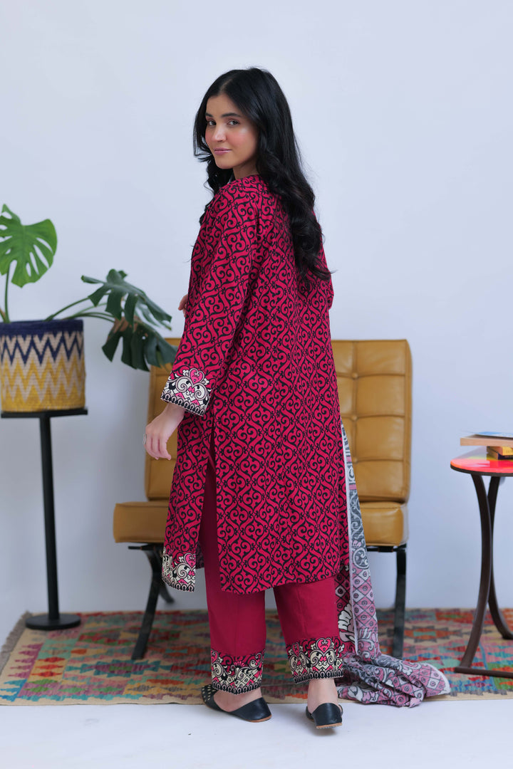 Senorita Women RTW Women Shocking Pink and Black Casual 3 Piece Suit Cotton Khaddar Printed LAD-02548 - Winter Collection