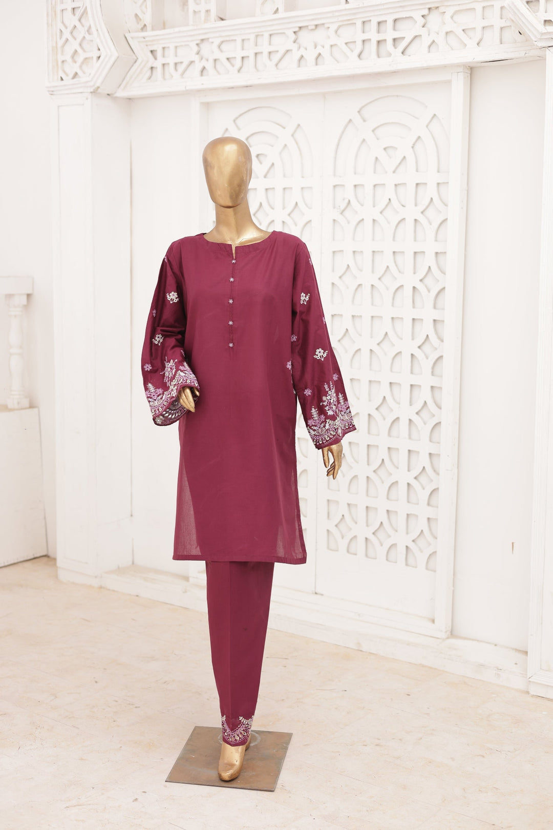 Nyra Essentials by Suntex Fabrics RTW Embroidered Lawn 2 Piece Suit PLUM Casual Collection
