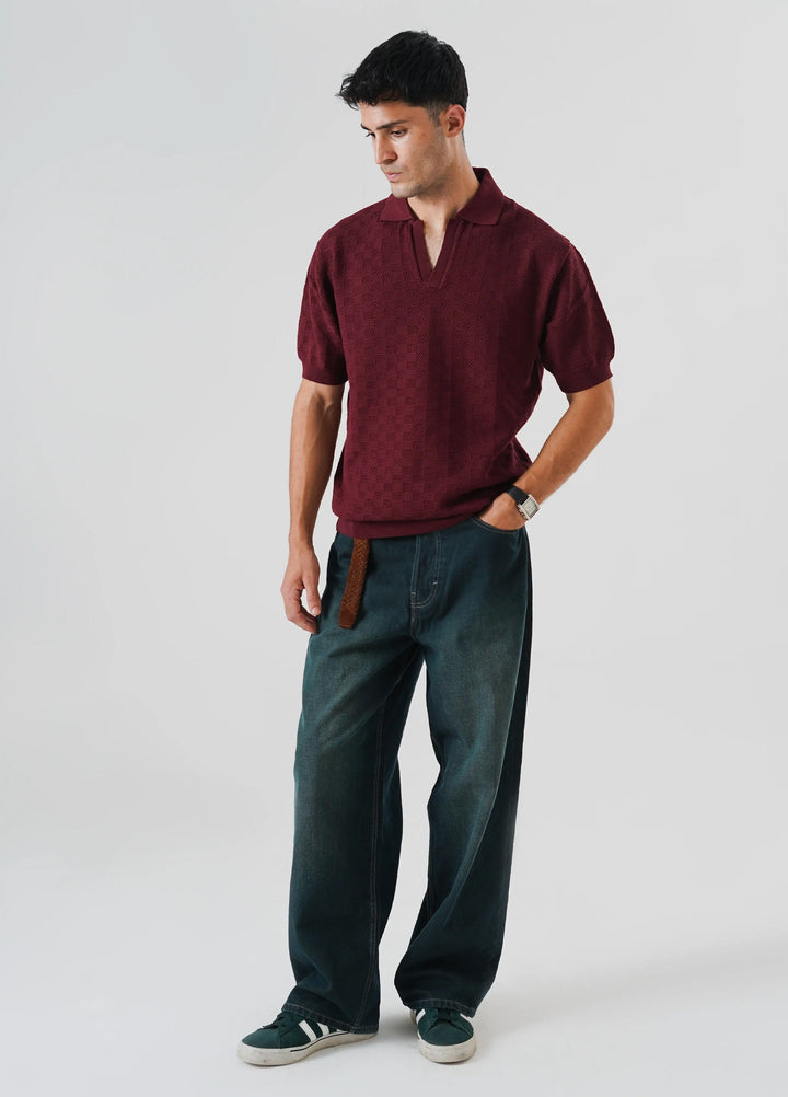 Artezan Inc Mens RTW Textured Knit Tee Polo Suit Maroon - Casual Collection