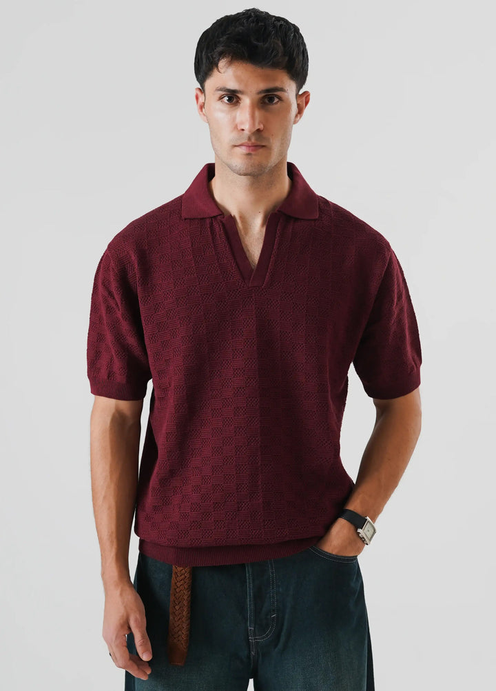 Artezan Inc Mens RTW Textured Knit Tee Polo Suit Maroon - Casual Collection