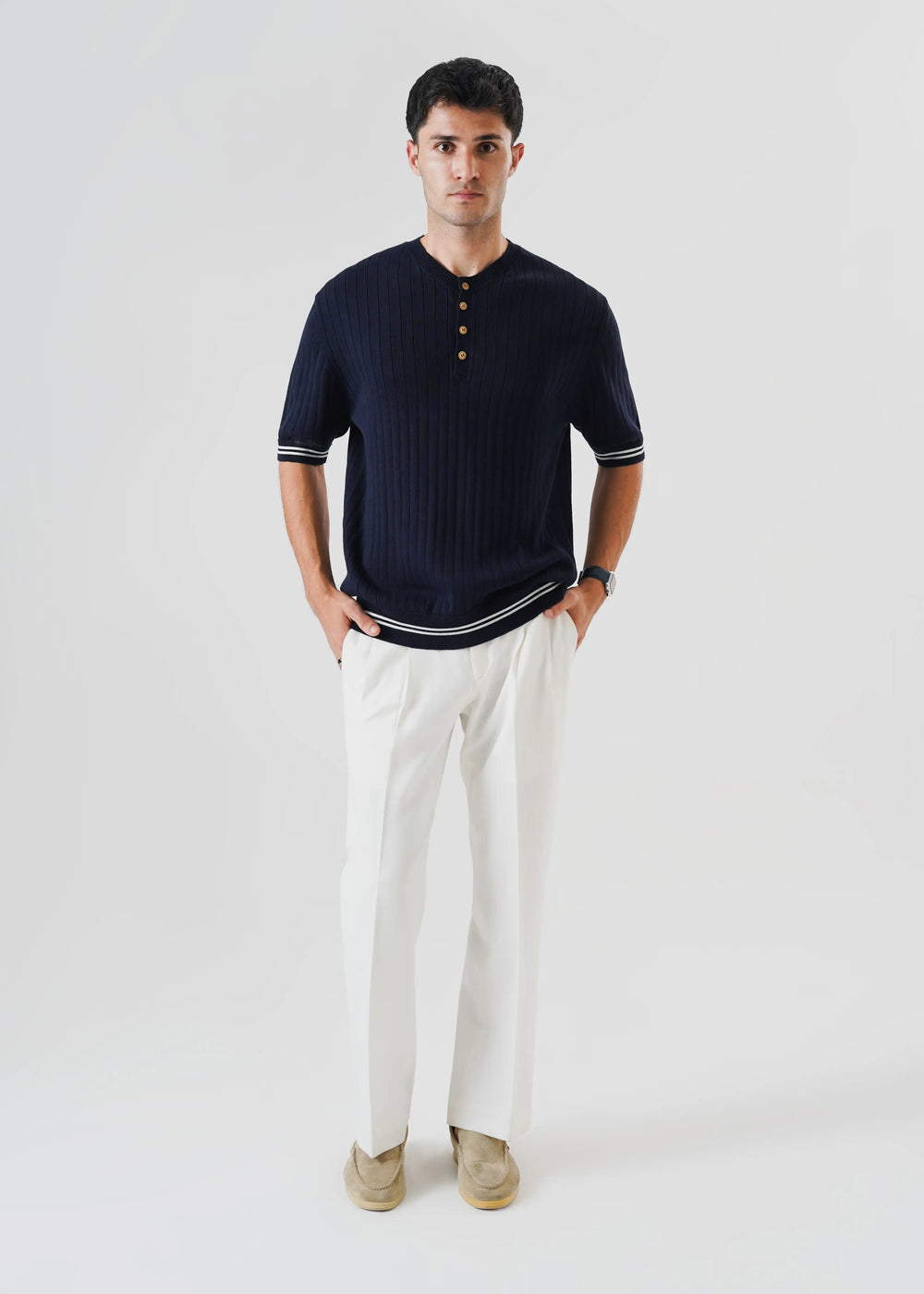 Artezan Inc RTW Solids Cotton T-Shirt Henley Navy Blue Casual Collection