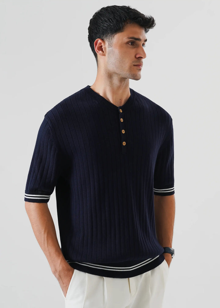 Artezan Inc RTW Solids Cotton T-Shirt Henley Navy Blue Casual Collection