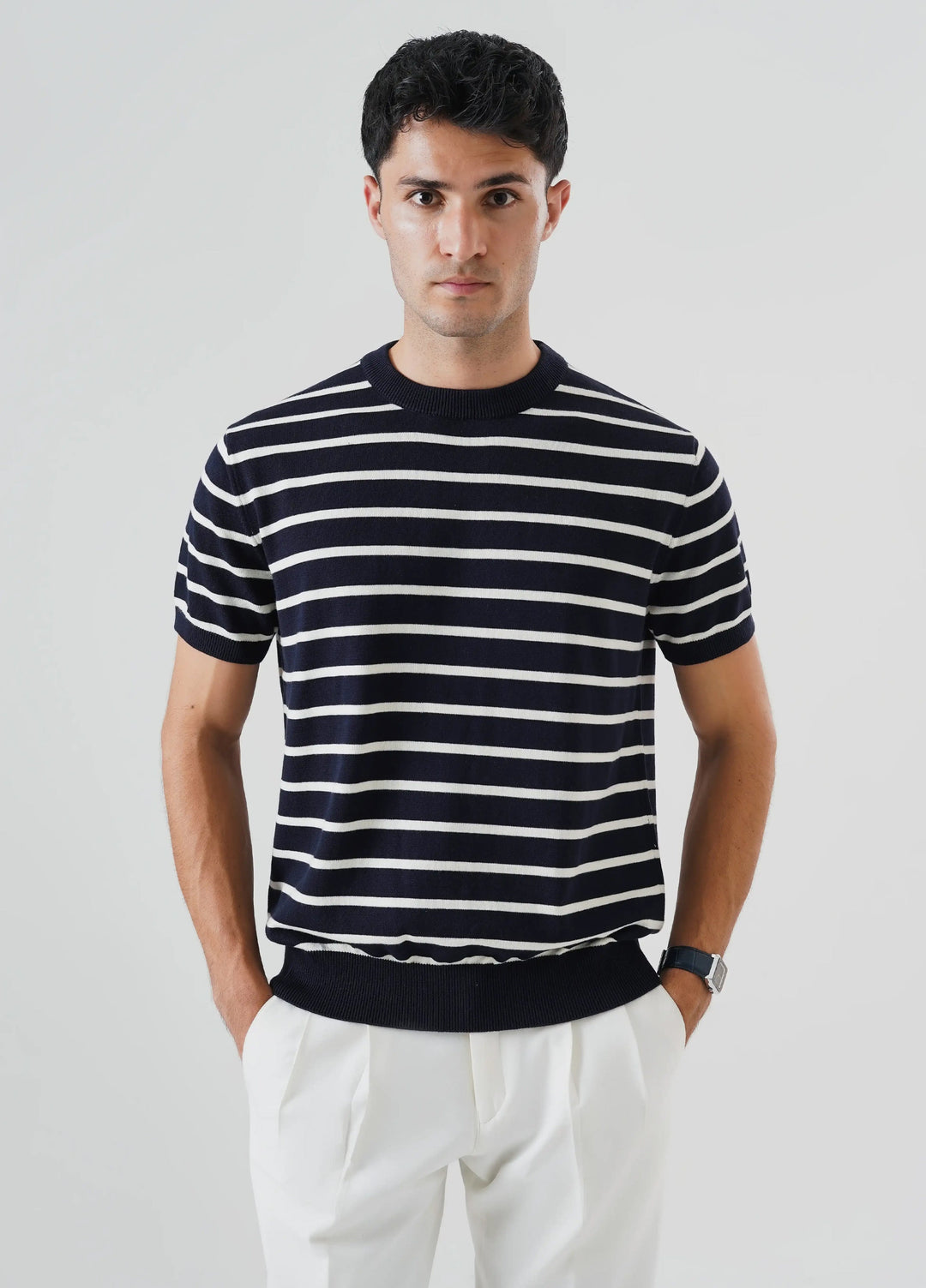 Artezan Inc Mens RTW Textured Knit Tee 1 Piece Suit Striped Navy Blue - Casual Collection