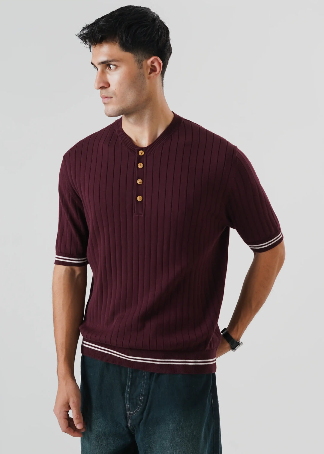 Artezan Inc RTW Solids Cotton T-Shirt Needle Henley Grape Casual Collection