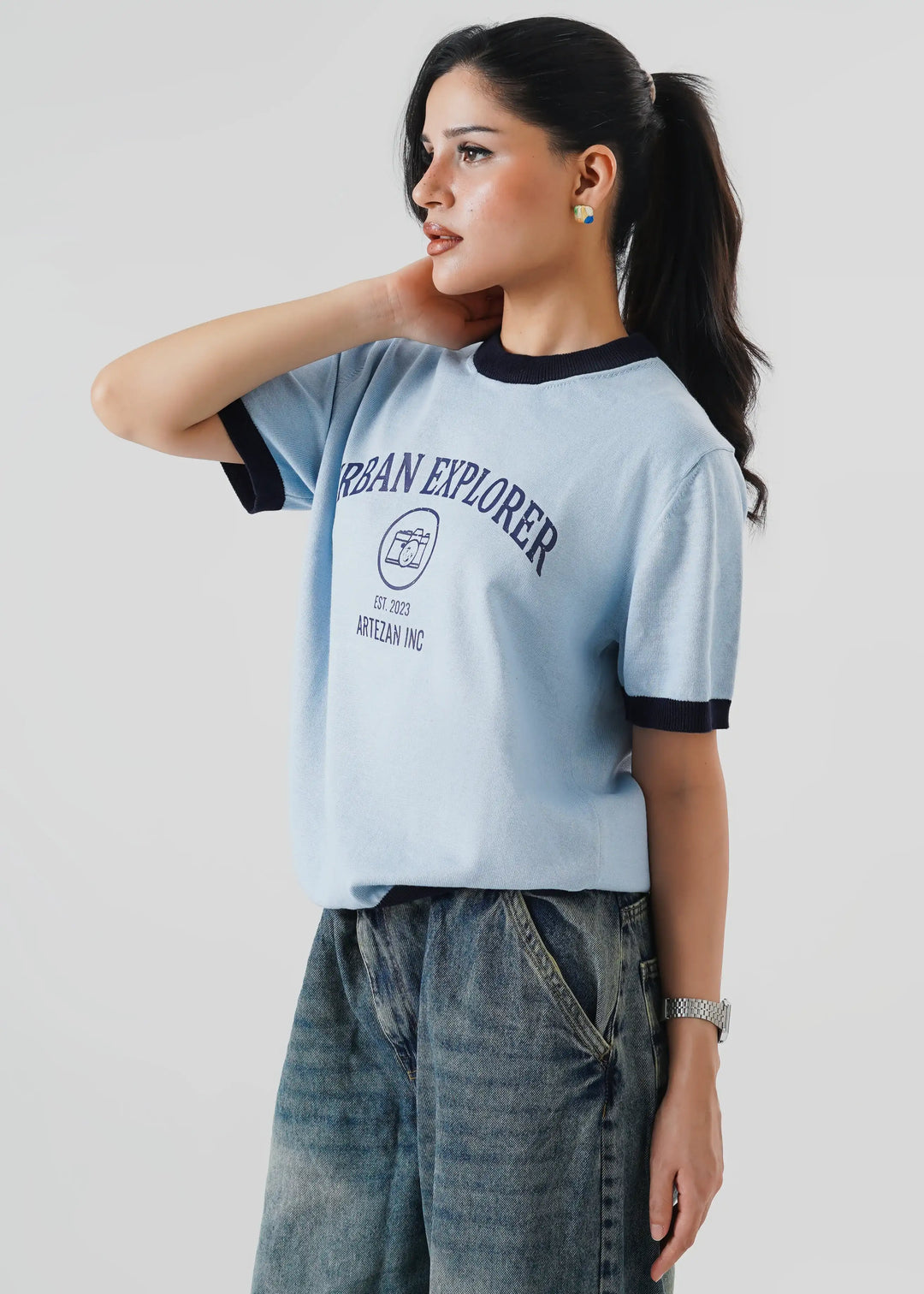 Artezan Inc RTW Solids Cotton T-Shirt Ringer Sky Blue Casual Collection