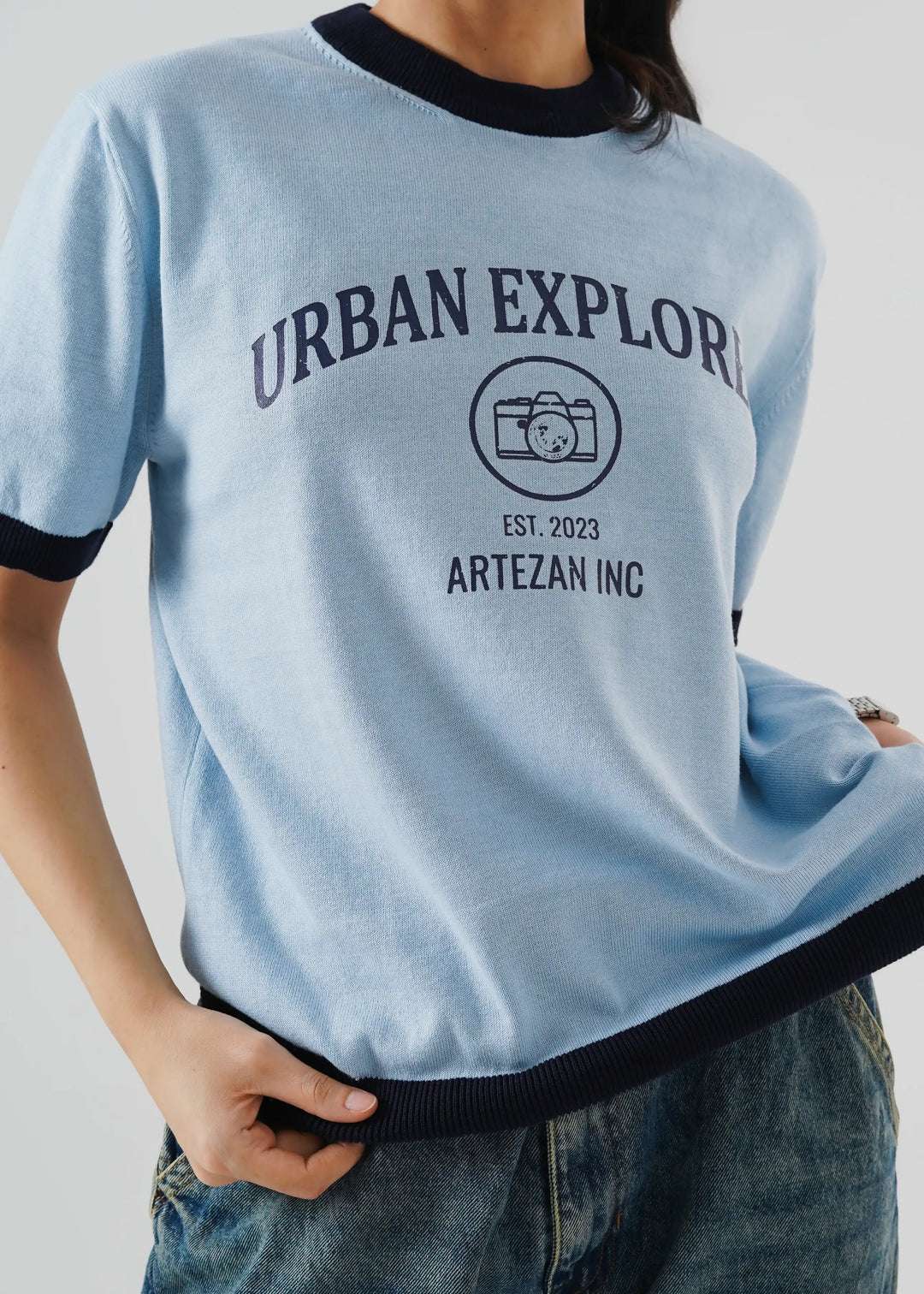 Artezan Inc RTW Solids Cotton T-Shirt Ringer Sky Blue Casual Collection