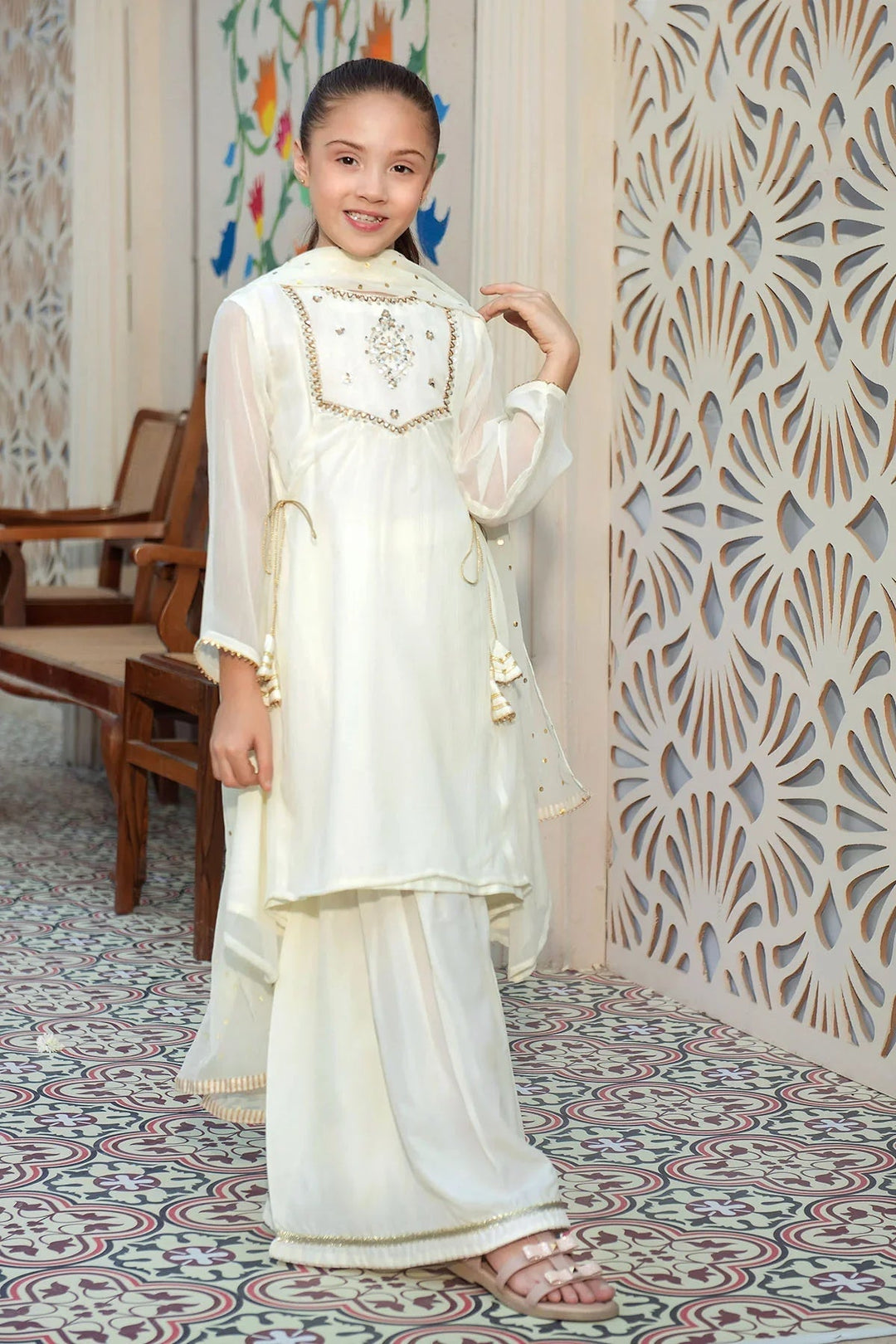 Ochre RTW Embroidered Girls 3 Piece Chiffon Hand Adda Work AC-62 - Summer Collection