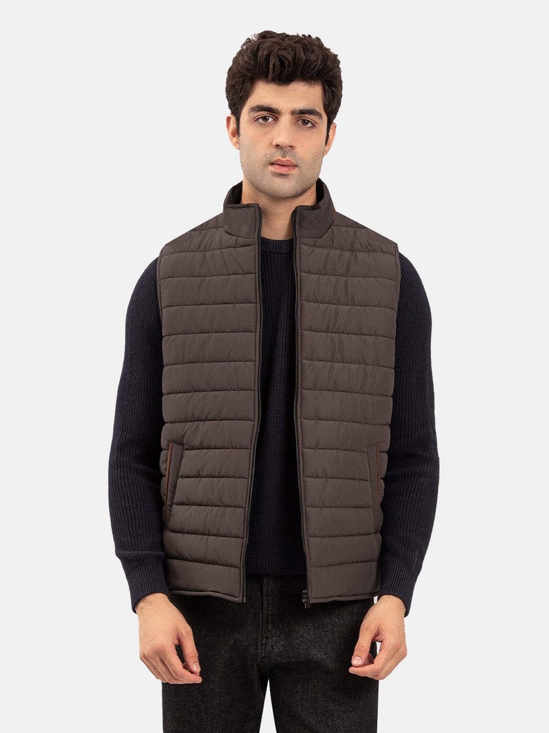Brumano Mens RTW Solids Poly Jacket Suit Pastel Brown Puffer Winter Collection
