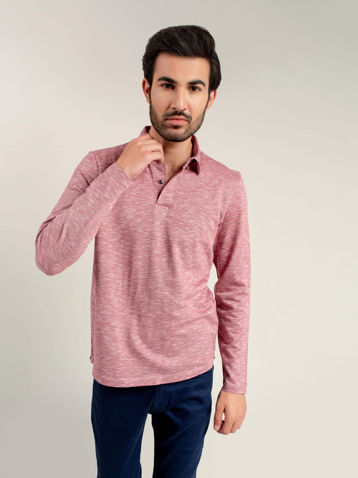 Brumano  Solids Cotton Polo Pink Mercerized Full Sleeves Polo Shirt