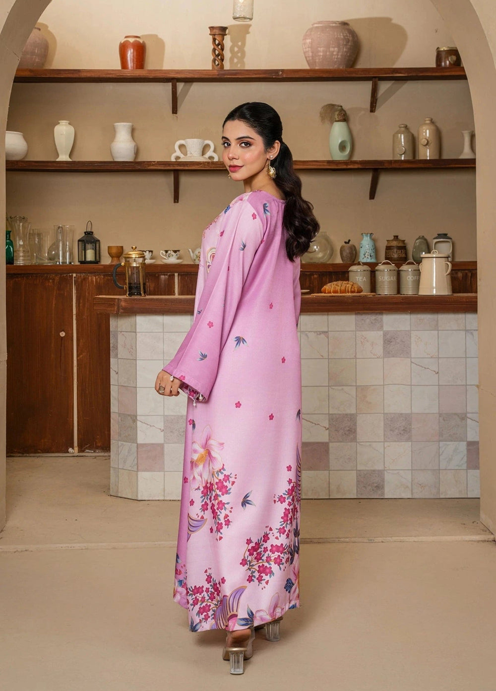 Mataish Women RTW Printed Crepe 1 Piece Suit Pink Floral Long Shirt - Festive Collection