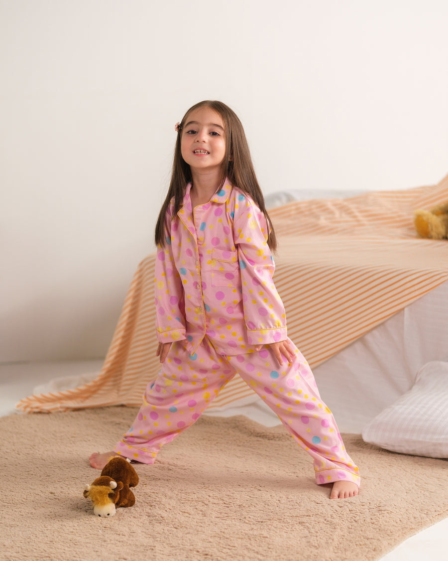 Baby Nest Kids Premium Night Suits For Girls Printed 2 Piece Boski Linen Pink Puff  - Casual Collection