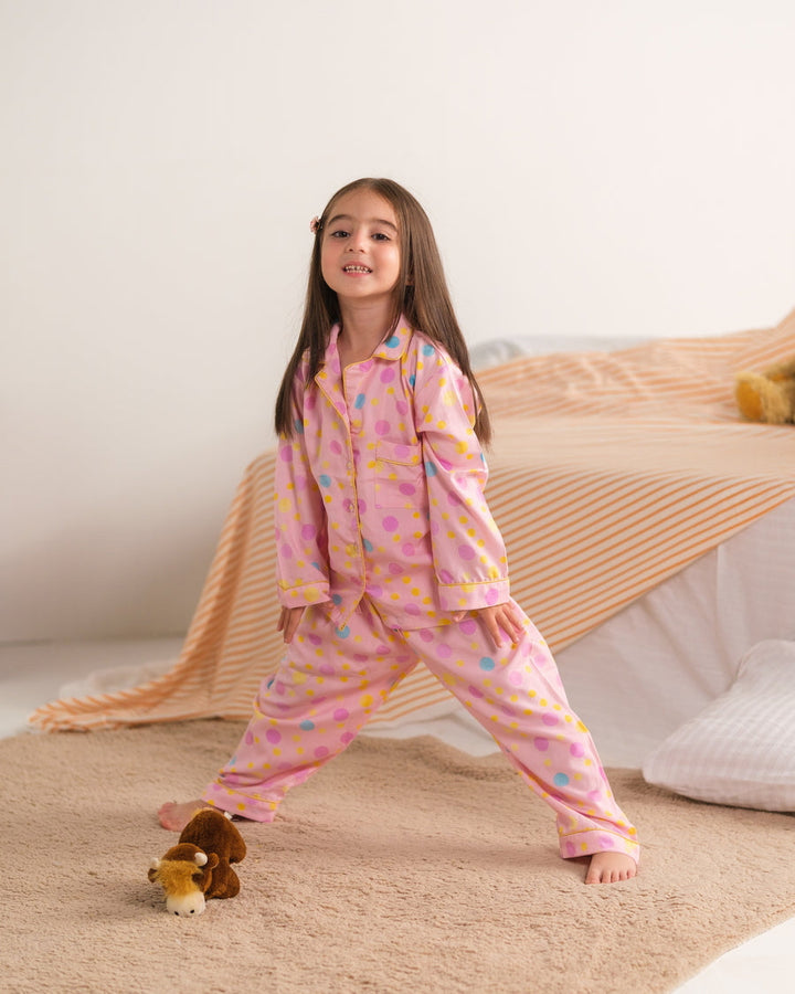 Baby Nest Kids Premium Night Suits For Girls Printed 2 Piece Boski Linen Pink Puff  - Casual Collection
