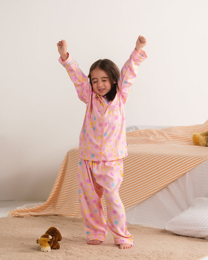 Baby Nest Kids Premium Night Suits For Girls Printed 2 Piece Boski Linen Pink Puff  - Casual Collection