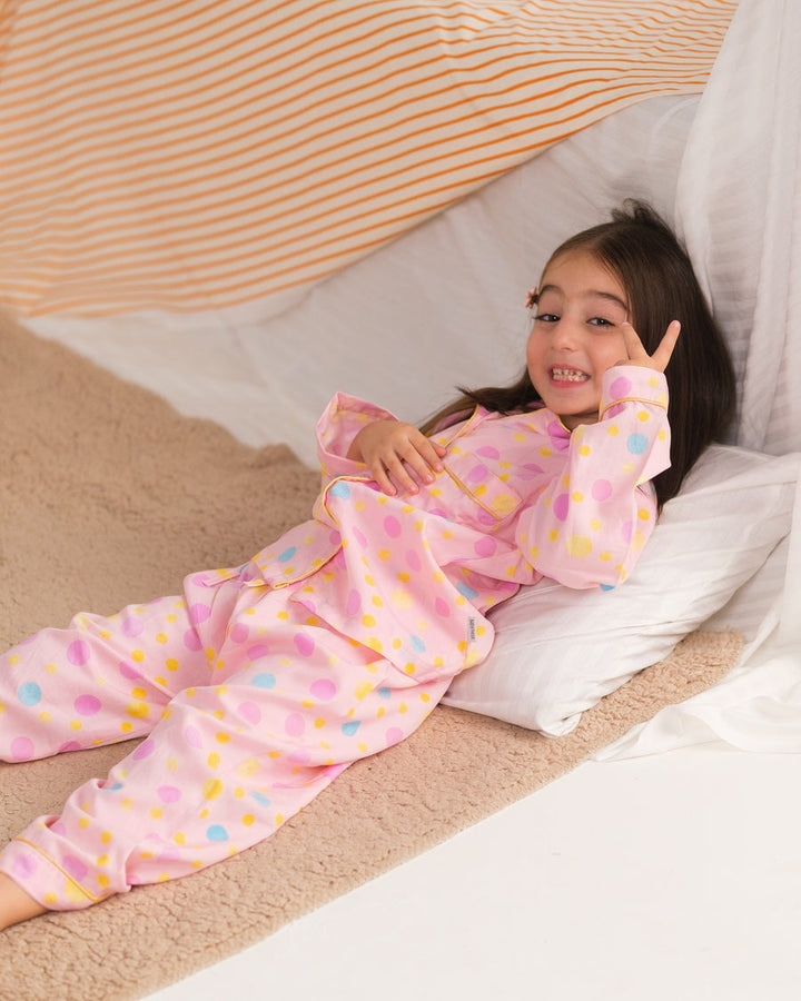 Baby Nest Kids Premium Night Suits For Girls Printed 2 Piece Boski Linen Pink Puff  - Casual Collection
