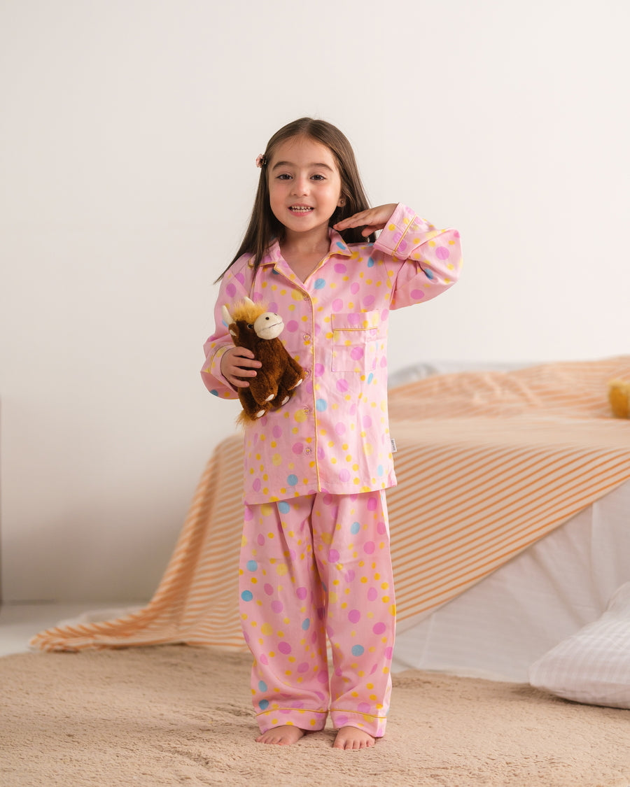Baby Nest Kids Premium Night Suits For Girls Printed 2 Piece Boski Linen Pink Puff  - Casual Collection