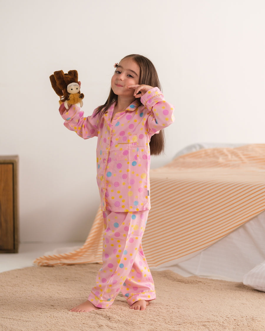 Baby Nest Kids Premium Night Suits For Girls Printed 2 Piece Boski Linen Pink Puff  - Casual Collection
