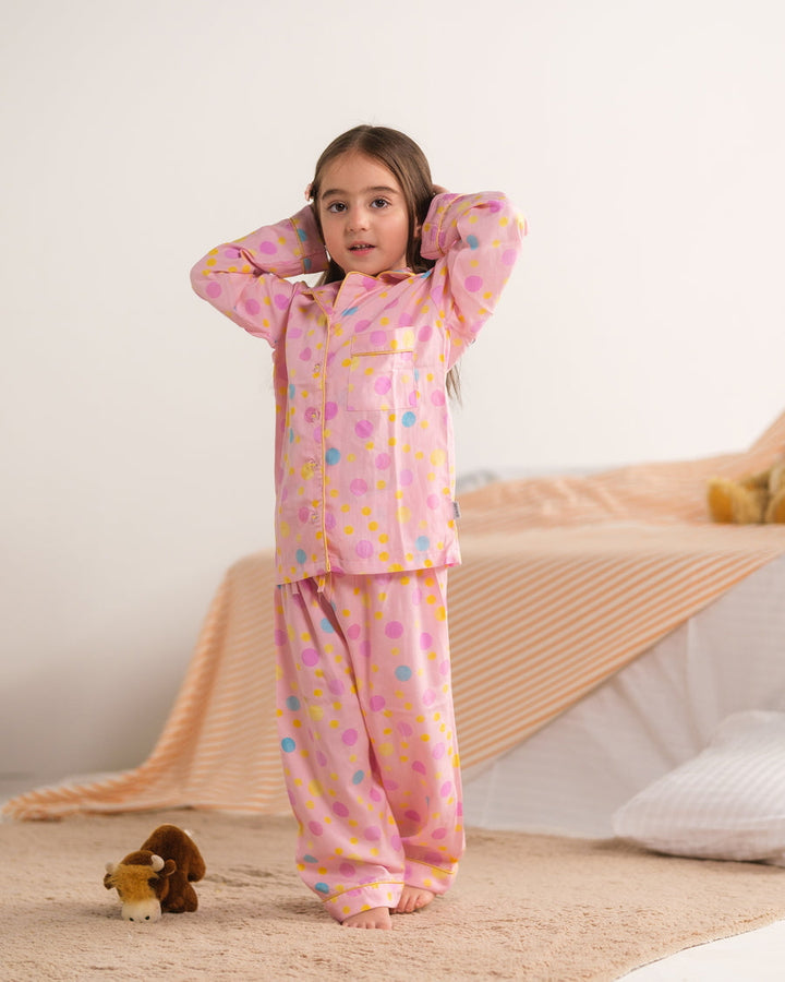 Baby Nest Kids Premium Night Suits For Girls Printed 2 Piece Boski Linen Pink Puff  - Casual Collection
