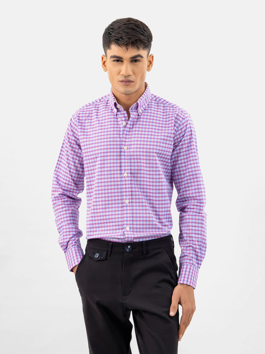 Brumano Mens RTW Solids Cotton Shirt Pink N Blue Gingham Casual Collection