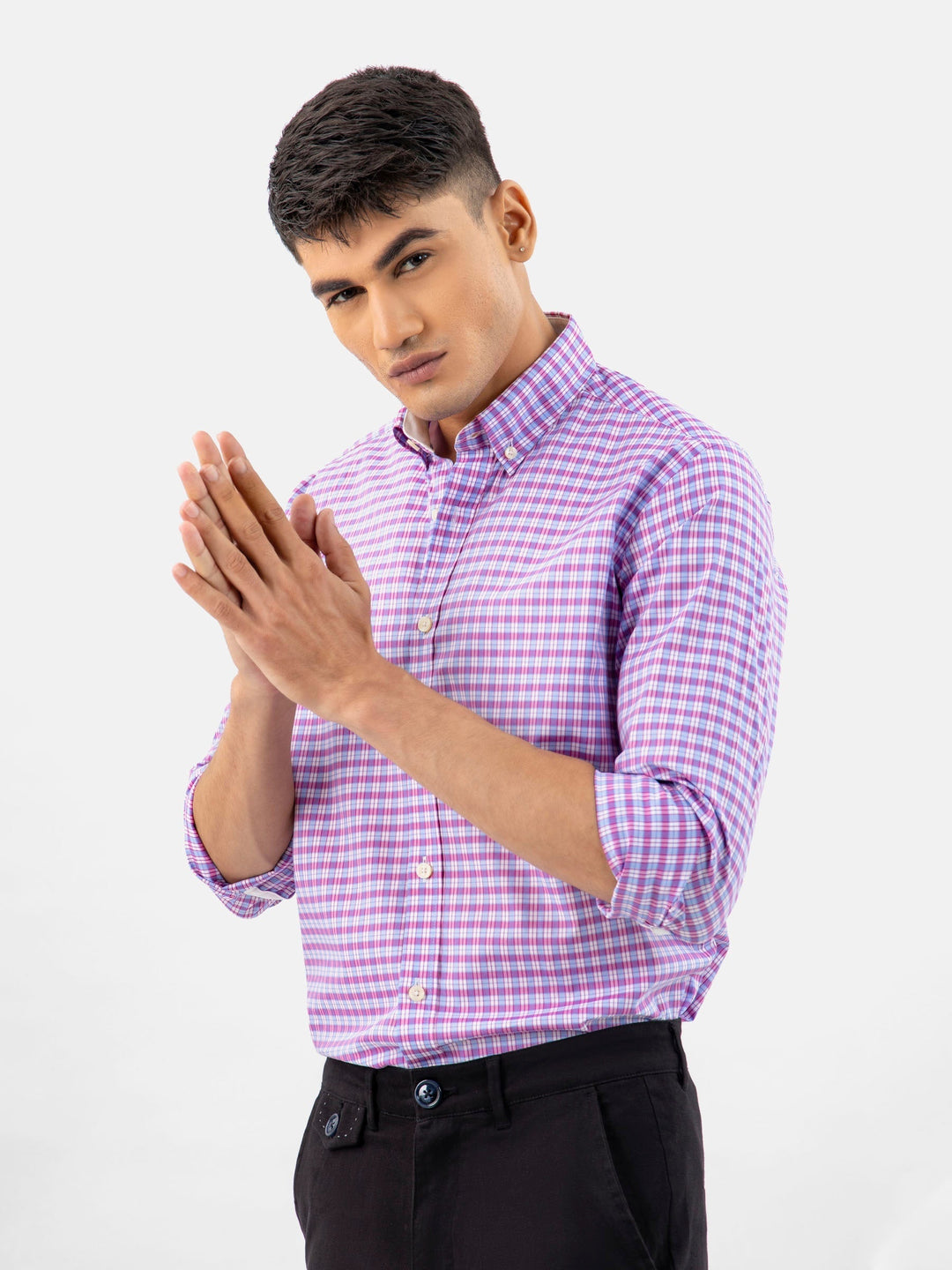 Brumano Ready To Wear Shirts Men 1 Piece Cotton Pink & Blue Gingham Button Down Shirt 0-32-024-3300 - Summer Collection