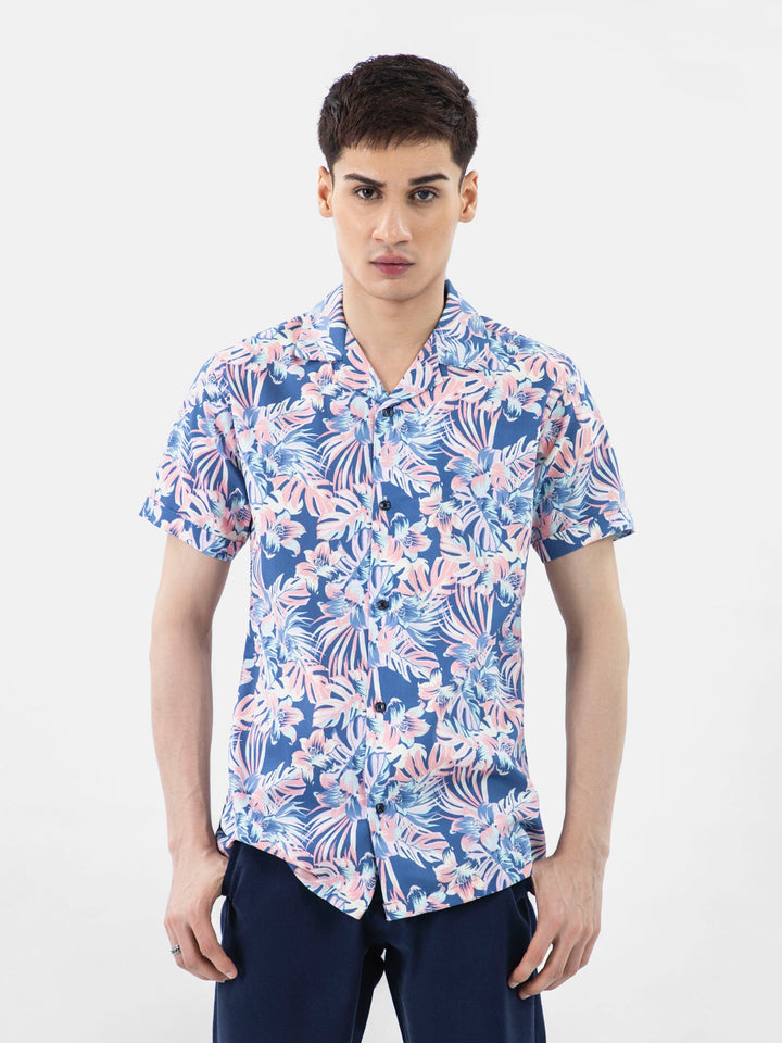 Brumano Ready To Wear Shirts Men 1 Piece Cotton Pink & Blue Large Floral Print Half Sleeve Cuban Collar Shirt 0-33-024-3230 - Summer Collection