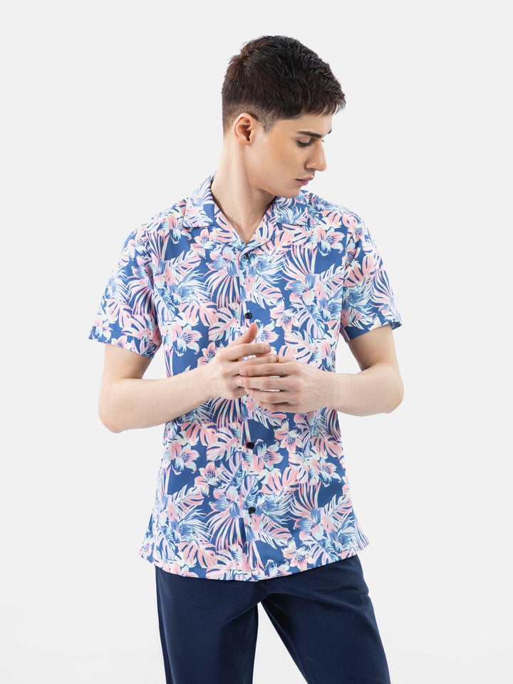 Brumano Ready To Wear Shirts Men 1 Piece Cotton Pink & Blue Large Floral Print Half Sleeve Cuban Collar Shirt 0-33-024-3230 - Summer Collection