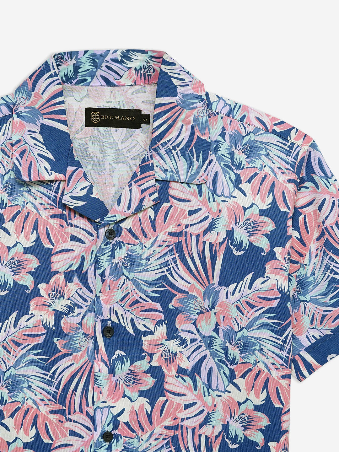 Brumano Ready To Wear Shirts Men 1 Piece Cotton Pink & Blue Large Floral Print Half Sleeve Cuban Collar Shirt 0-33-024-3230 - Summer Collection