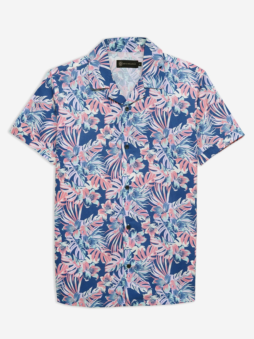 Brumano Ready To Wear Shirts Men 1 Piece Cotton Pink & Blue Large Floral Print Half Sleeve Cuban Collar Shirt 0-33-024-3230 - Summer Collection