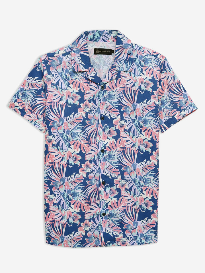 Brumano Ready To Wear Shirts Men 1 Piece Cotton Pink & Blue Large Floral Print Half Sleeve Cuban Collar Shirt 0-33-024-3230 - Summer Collection