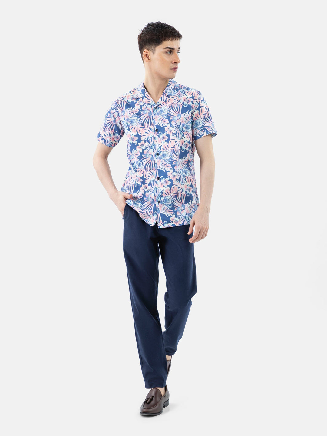 Brumano Ready To Wear Shirts Men 1 Piece Cotton Pink & Blue Large Floral Print Half Sleeve Cuban Collar Shirt 0-33-024-3230 - Summer Collection