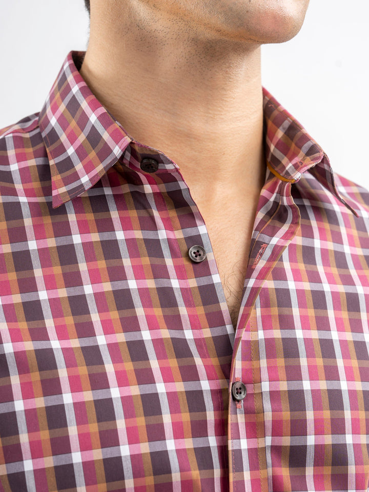 Brumano Ready To Wear Shirts Men 1 Piece Cotton Pink & Brown Gingham Checkered Shirt 0-31-025-4545 - Summer Collection