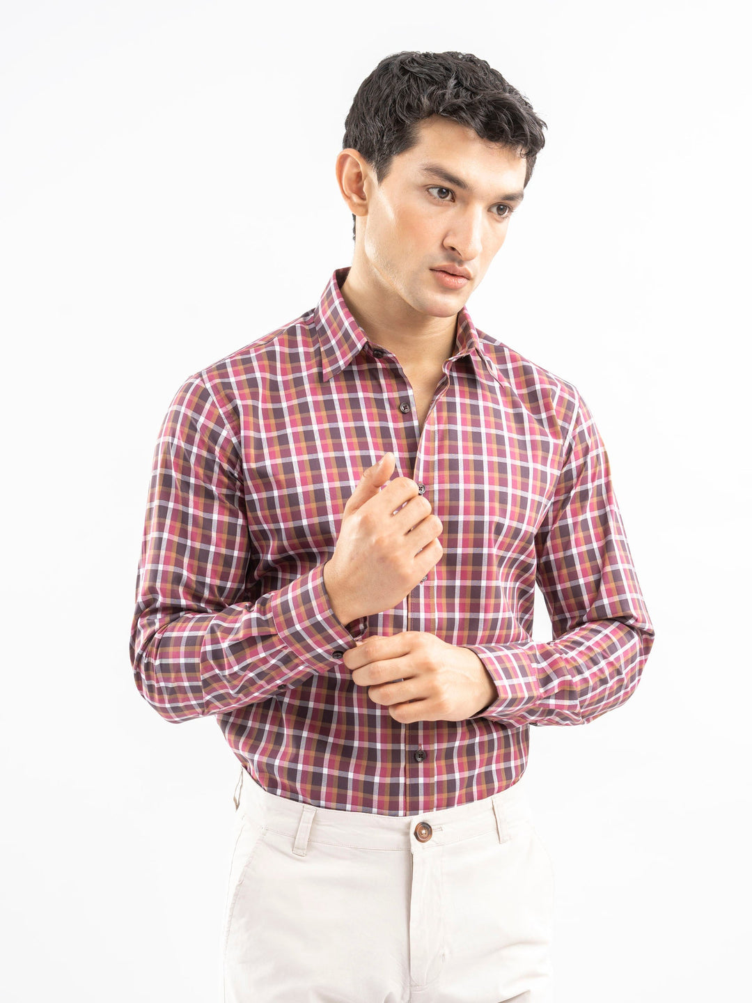 Brumano Mens RTW Solids Cotton Shirt Pink N Brown Gingham Checkered Casual Collection