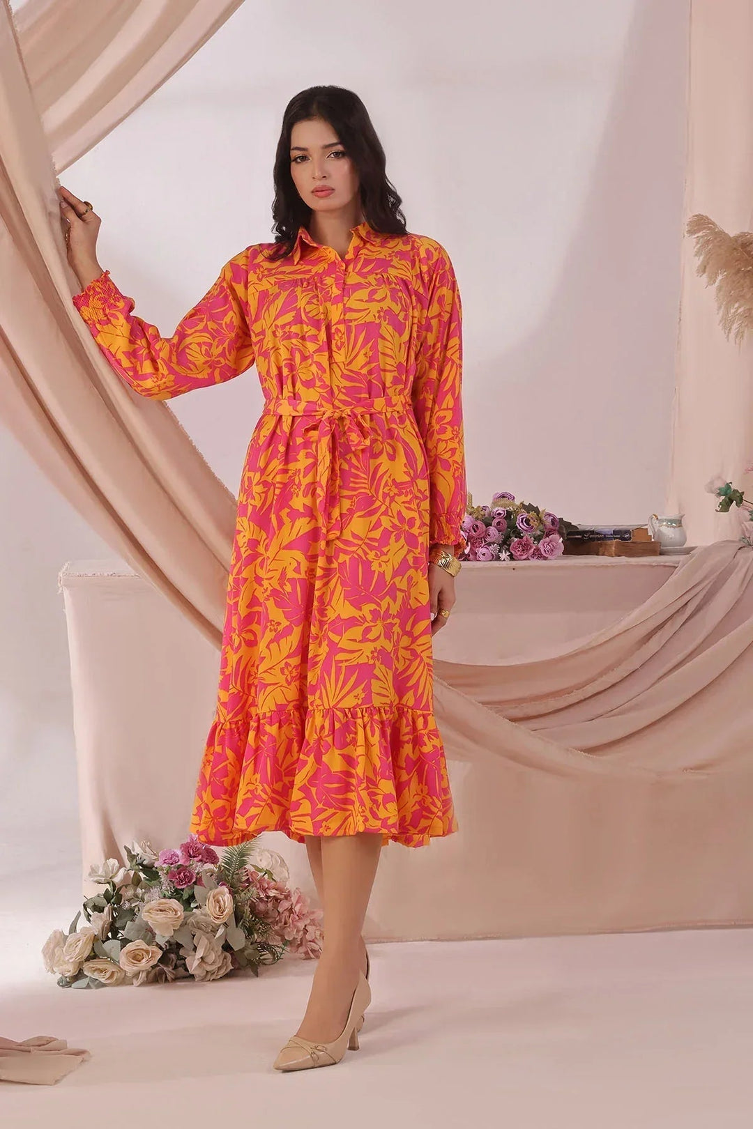 Ochre Women RTW Georgette 1 Piece Suit Hot Pink Georgette Long Printed Dress - Festive Collection
