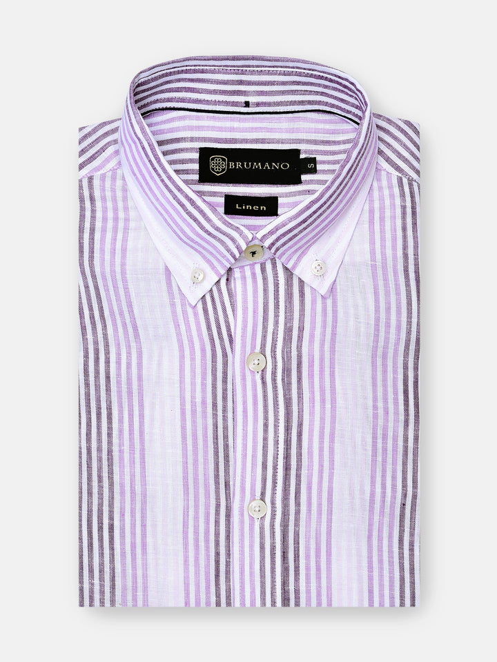 Brumano Ready To Wear Shirts Men 1 Piece Cotton Pink & Purple 100% Linen Striped Shirt 0-31-024-3281 - Summer Collection