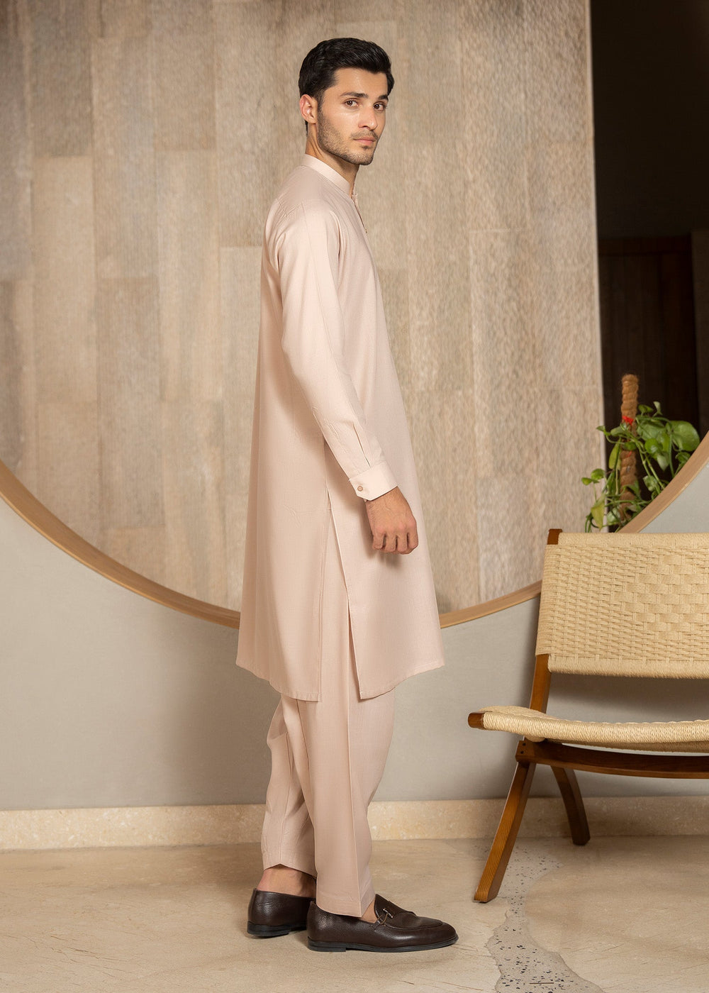 Buraq Men RTW Solids Wash N Wear Kurta Shalwar Suit Pinkish Brown Casual Collection