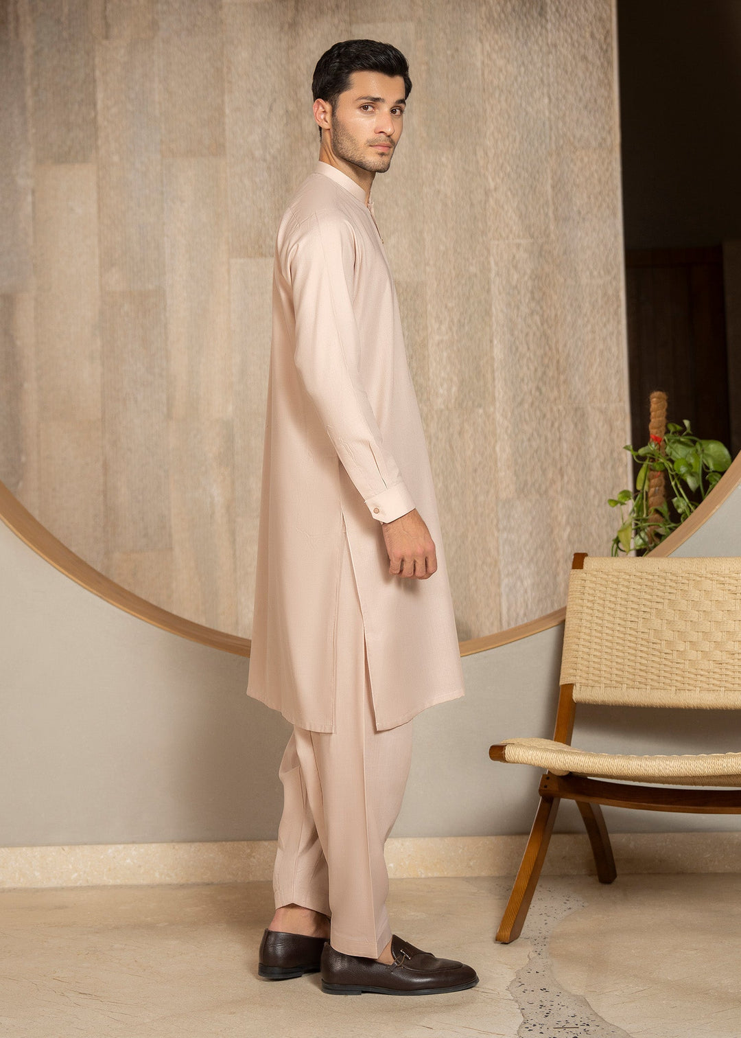 Buraq Men RTW Solids Wash N Wear Kurta Shalwar Suit Pinkish Brown Casual Collection