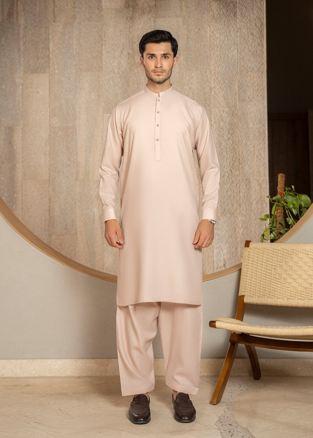 Buraq Men RTW Solids Wash N Wear Kurta Shalwar Suit Pinkish Brown Casual Collection