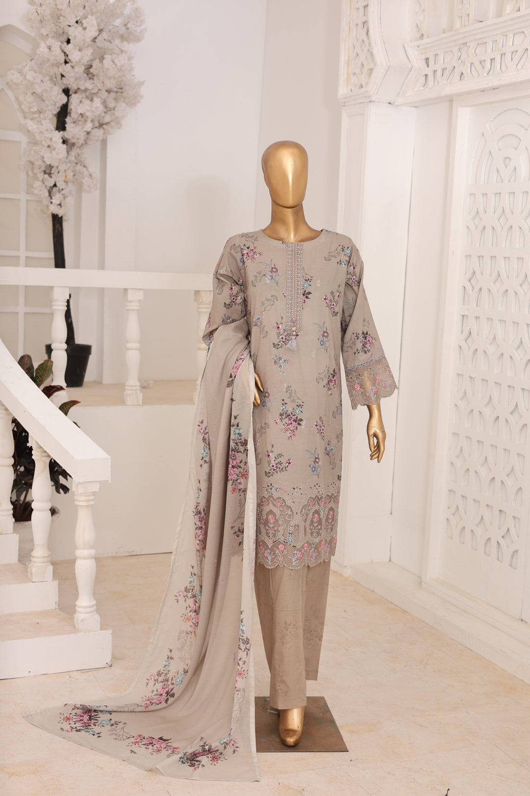Suntex Fabrics Women RTW Printed Lawn 3 Piece Suit Laser Greige Eid Collection