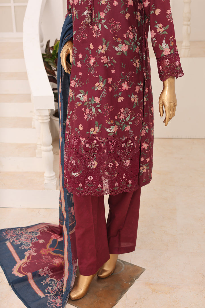 Suntex Fabrics Women RTW Printed Lawn 3 Piece Suit Laser Maroon Eid Collection