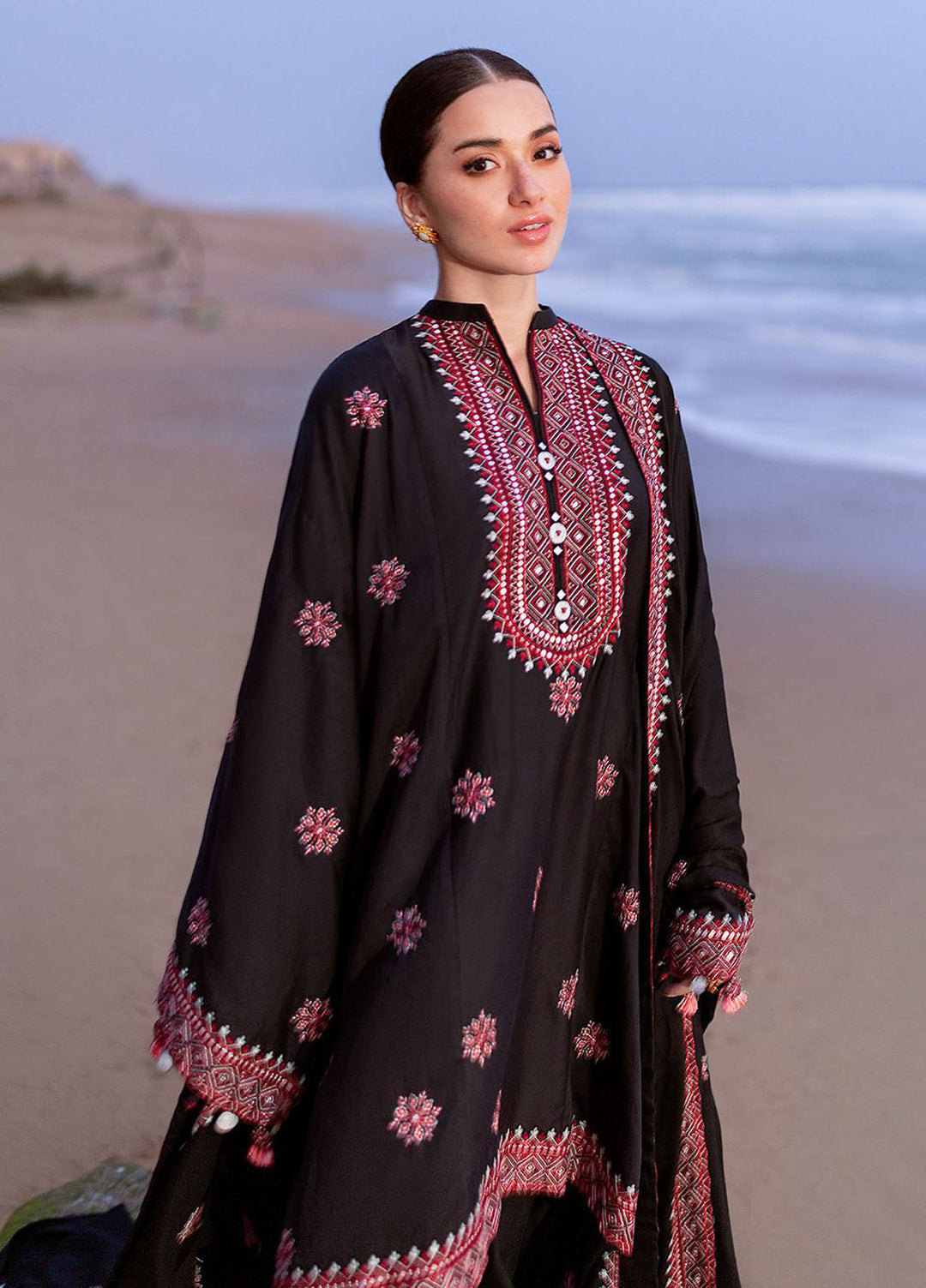 Cross Stitch Embroidered Cotton Satin Suits Unstitched 3 Piece CS25SU Raven Folk - Winter Collection