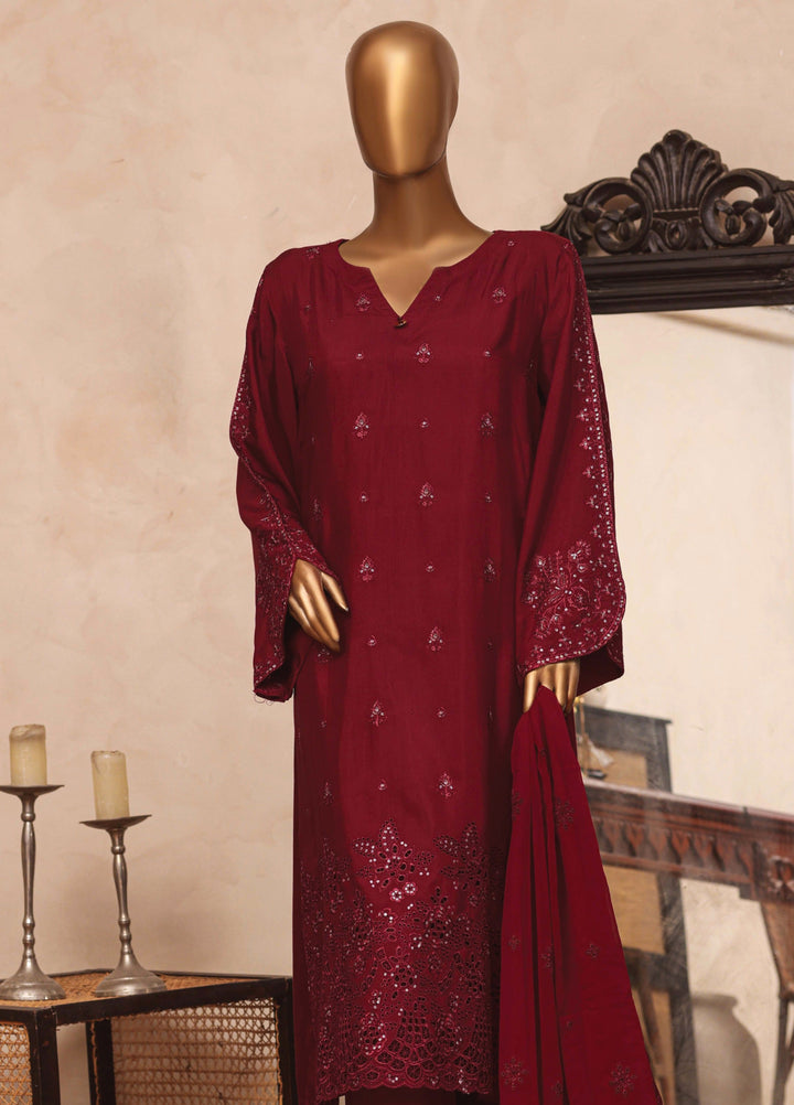 Majestic Silk by HZ Textiles RTW Embroidered Rawsilk 3 Piece Suit HZ26RMS RDE-3P-004 Dark Cherry - Festive Collection