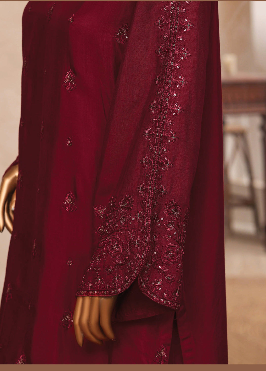 Majestic Silk by HZ Textiles RTW Embroidered Rawsilk 3 Piece Suit HZ26RMS RDE-3P-004 Dark Cherry - Festive Collection