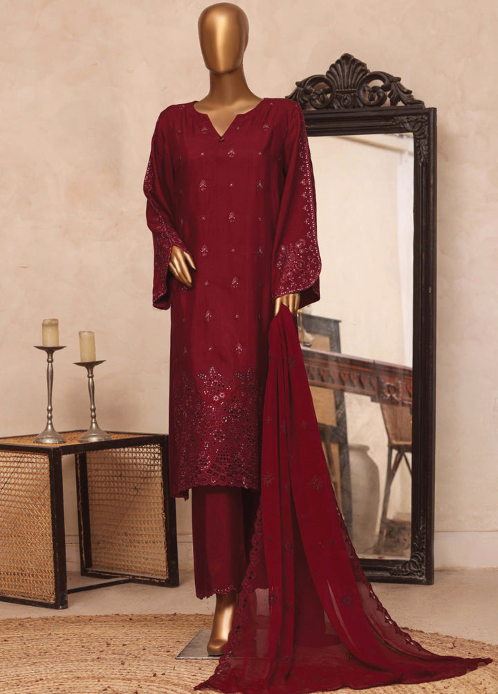 Majestic Silk by HZ Textiles RTW Embroidered Rawsilk 3 Piece Suit HZ26RMS RDE-3P-004 Dark Cherry - Festive Collection