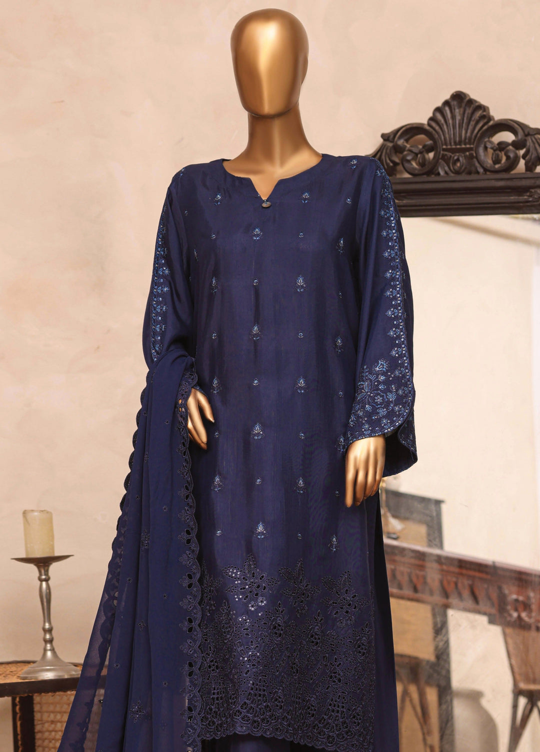 Majestic Silk by HZ Textiles RTW Embroidered Raw Silk 3 Piece Suit HZ26RMS RDE-3P-006 Navy - Festive Collection