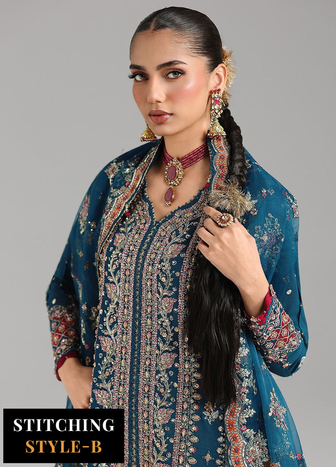 Shadmani by Qalamkar Embroidered Raw Silk Suits Unstitched 3 Piece QLM25SW RH-02 Neelam - Wedding Collection