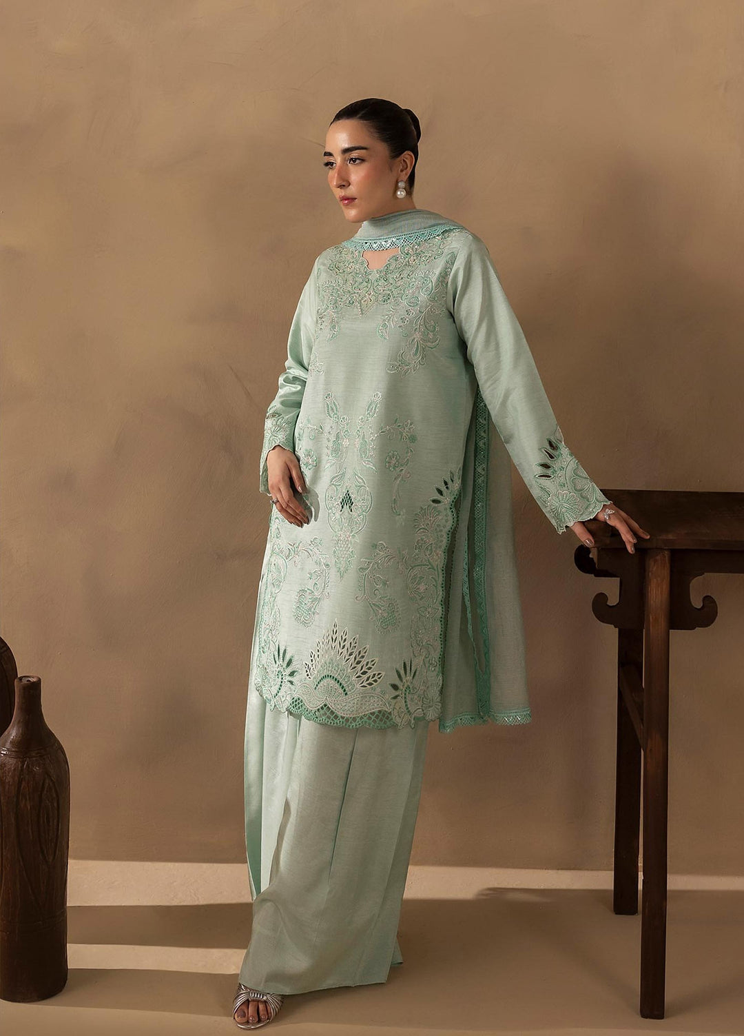Silah by Rajbari Unstitched Embroidered Korean Silk 3 Piece Suit RB26US Celeste - Festive Collection