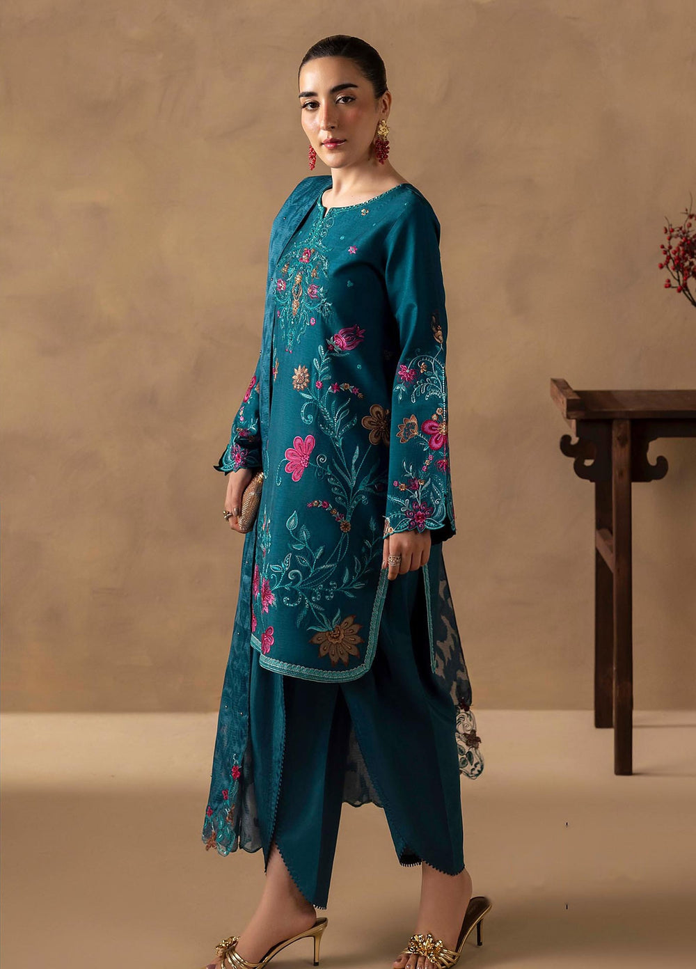 Silah by Rajbari Unstitched Embroidered Korean Silk 3 Piece Suit RB26US Teal - Festive Collection