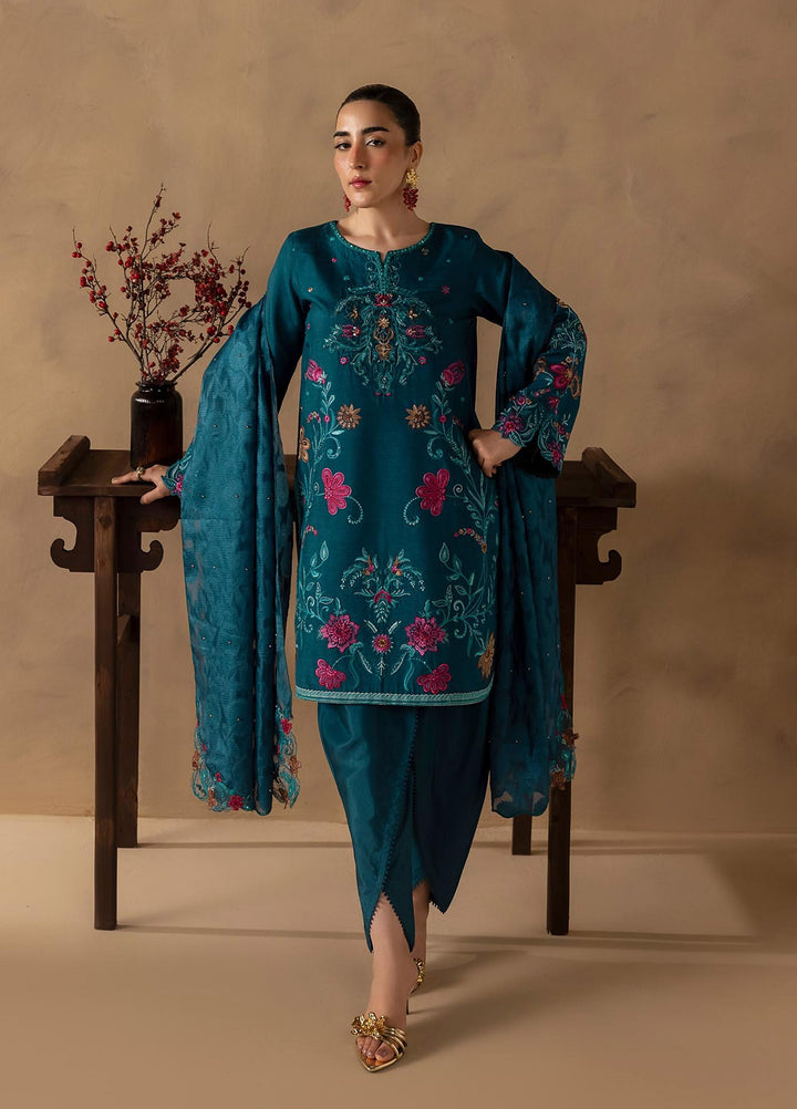 Silah by Rajbari Unstitched Embroidered Korean Silk 3 Piece Suit RB26US Teal - Festive Collection