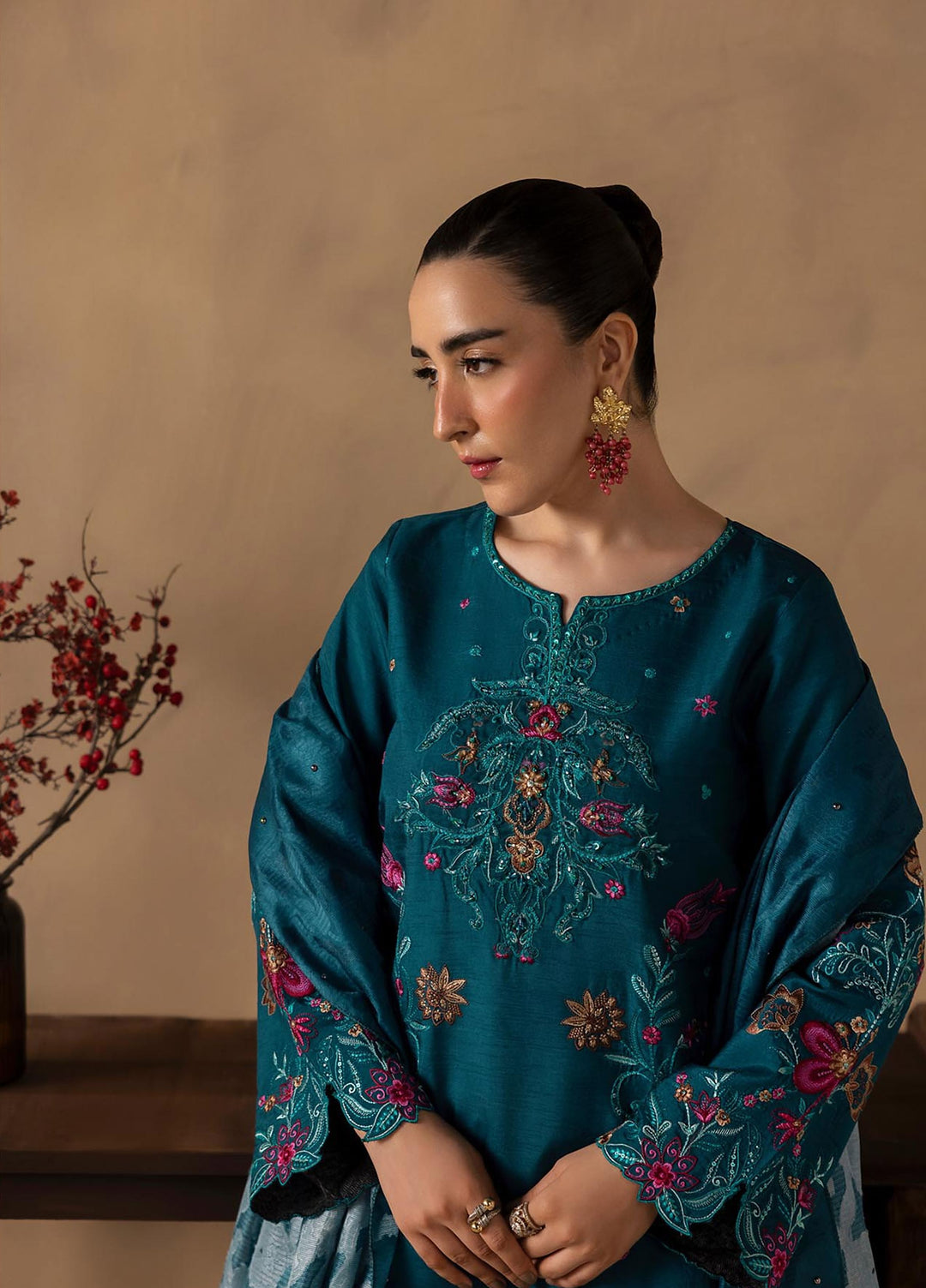 Silah by Rajbari Unstitched Embroidered Korean Silk 3 Piece Suit RB26US Teal - Festive Collection