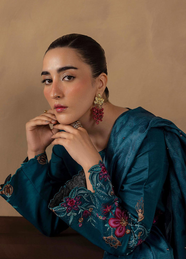 Silah by Rajbari Unstitched Embroidered Korean Silk 3 Piece Suit RB26US Teal - Festive Collection